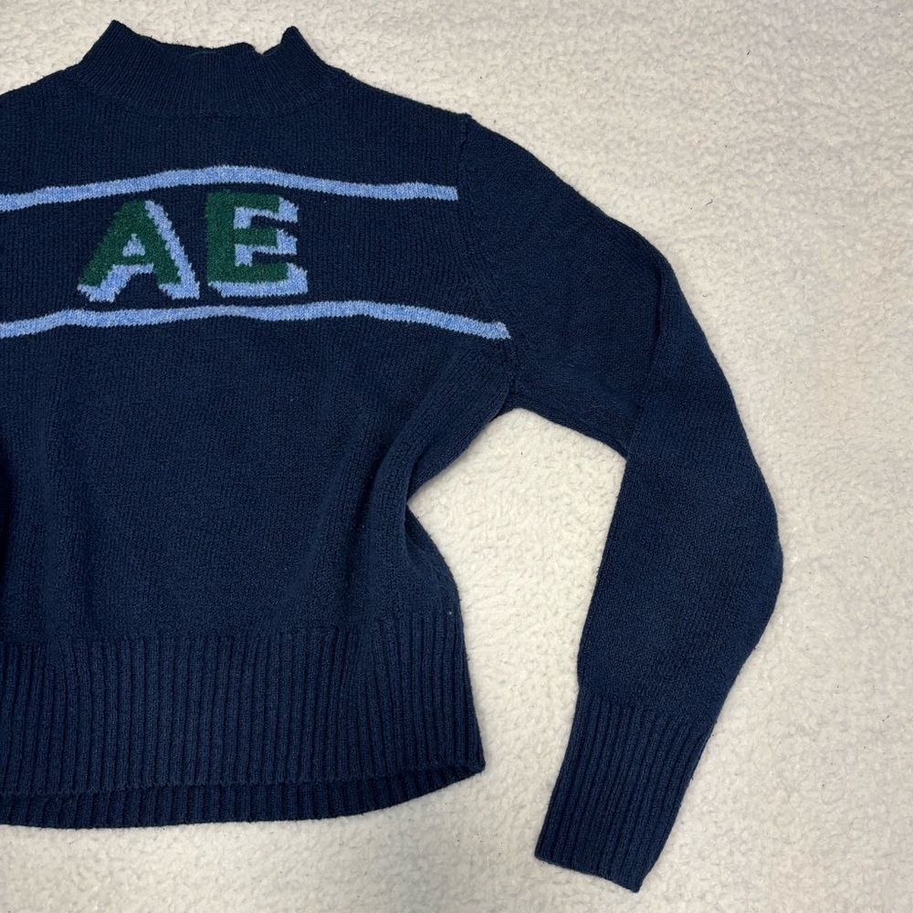 American Eagle Women Blue Logo Knit Mock Neck Sweater - Picture 2 of 12